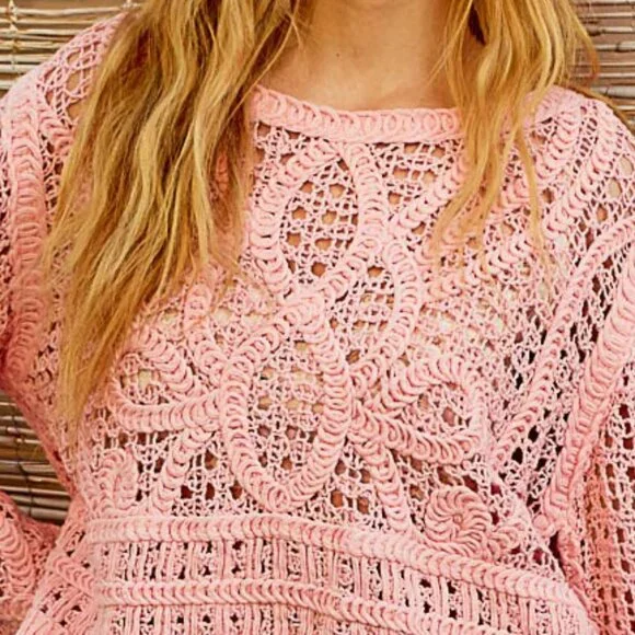 POL Petal Pink Crochet Semi Sheer Long Sleeve Crochet Soft Cotton Sweater Top - Picture 5 of 11